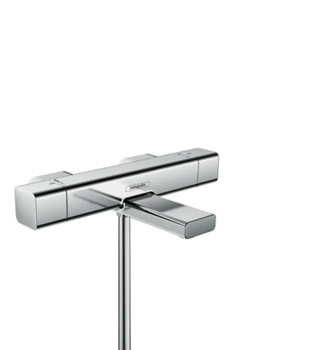 Thermostat von Hansgrohe in Chrom-Optik, mit zwei Griffen zur Temperatur- und Wassermengenregulation, für den Wandanschluss konzipiert.